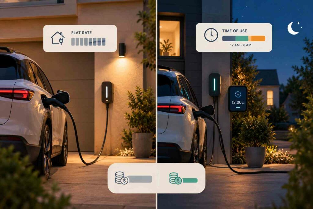 Electric cars charging at home with different electricity rate plans, highlighting off-peak charging savings.