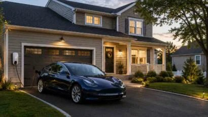 Electric car charging at home in a New York suburban driveway