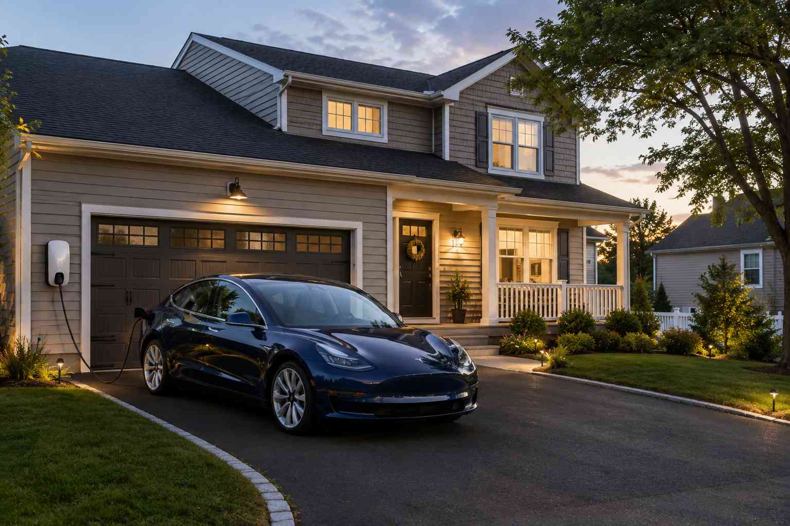 Electric car charging at home in a New York suburban driveway