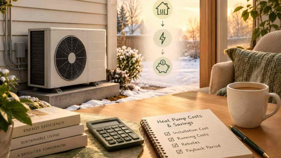 Modern heat pump system outside a cozy home in winter, illustrating installation costs, energy savings, rebates, and payback period.
