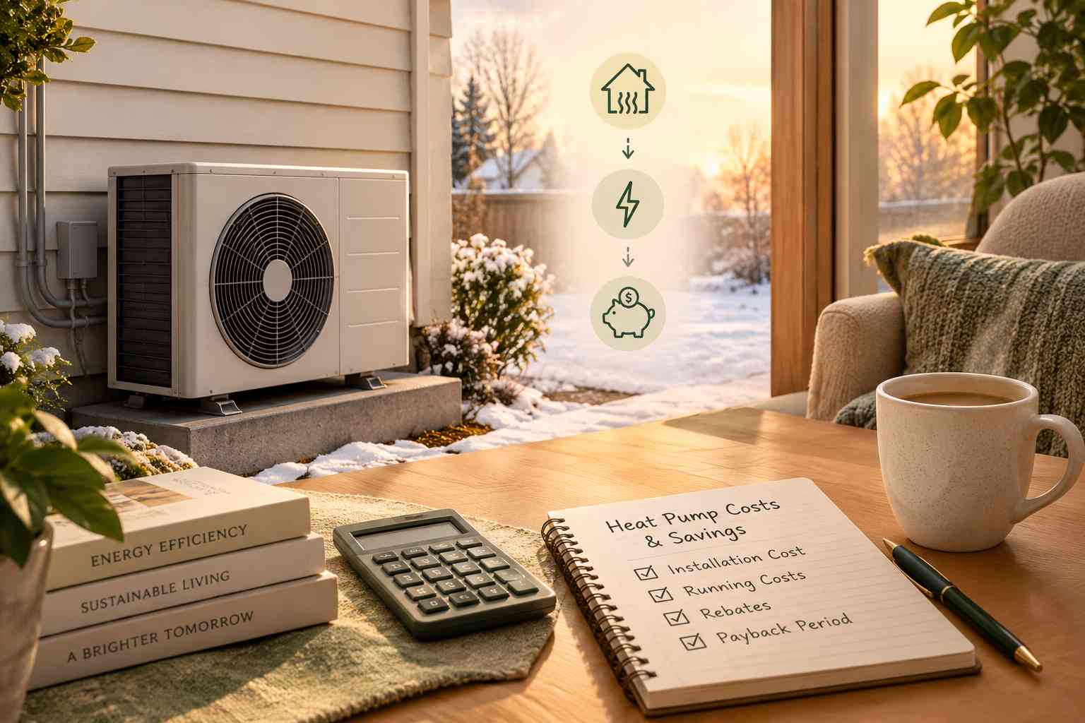 Modern heat pump system outside a cozy home in winter, illustrating installation costs, energy savings, rebates, and payback period.