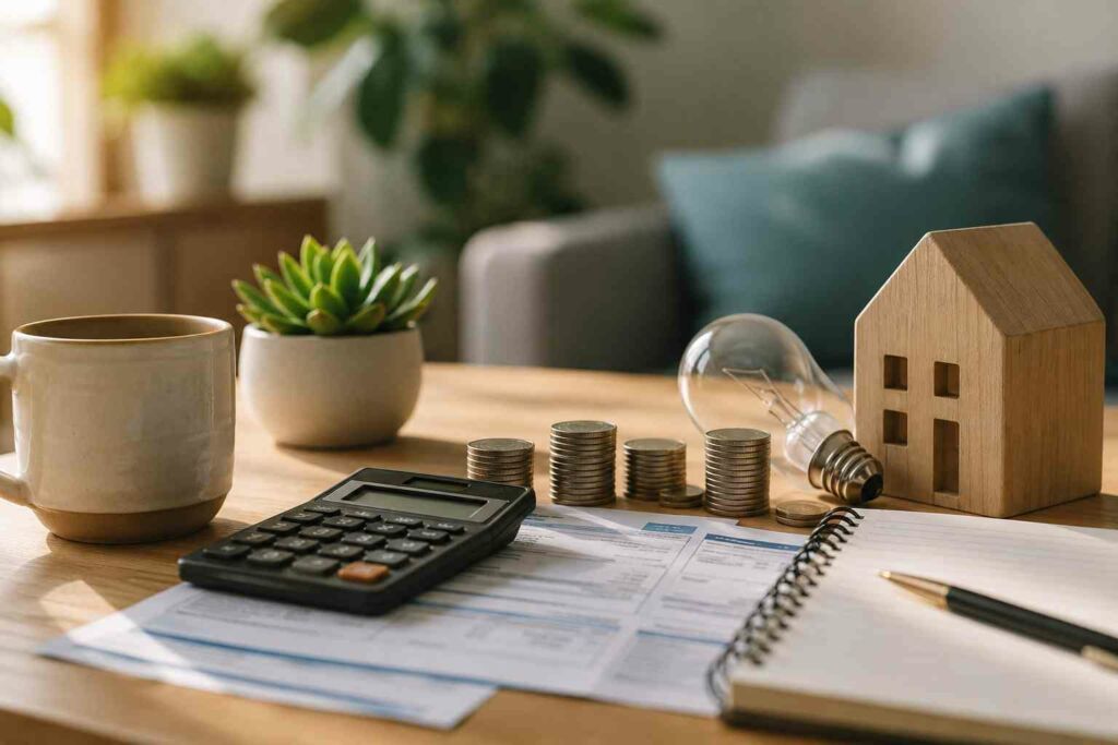 Cozy living room with utility bills on a table, showing a home and monthly energy expenses.