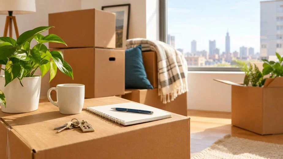 Packed moving boxes, house keys, notebook, and potted plant in a bright apartment during moving day.