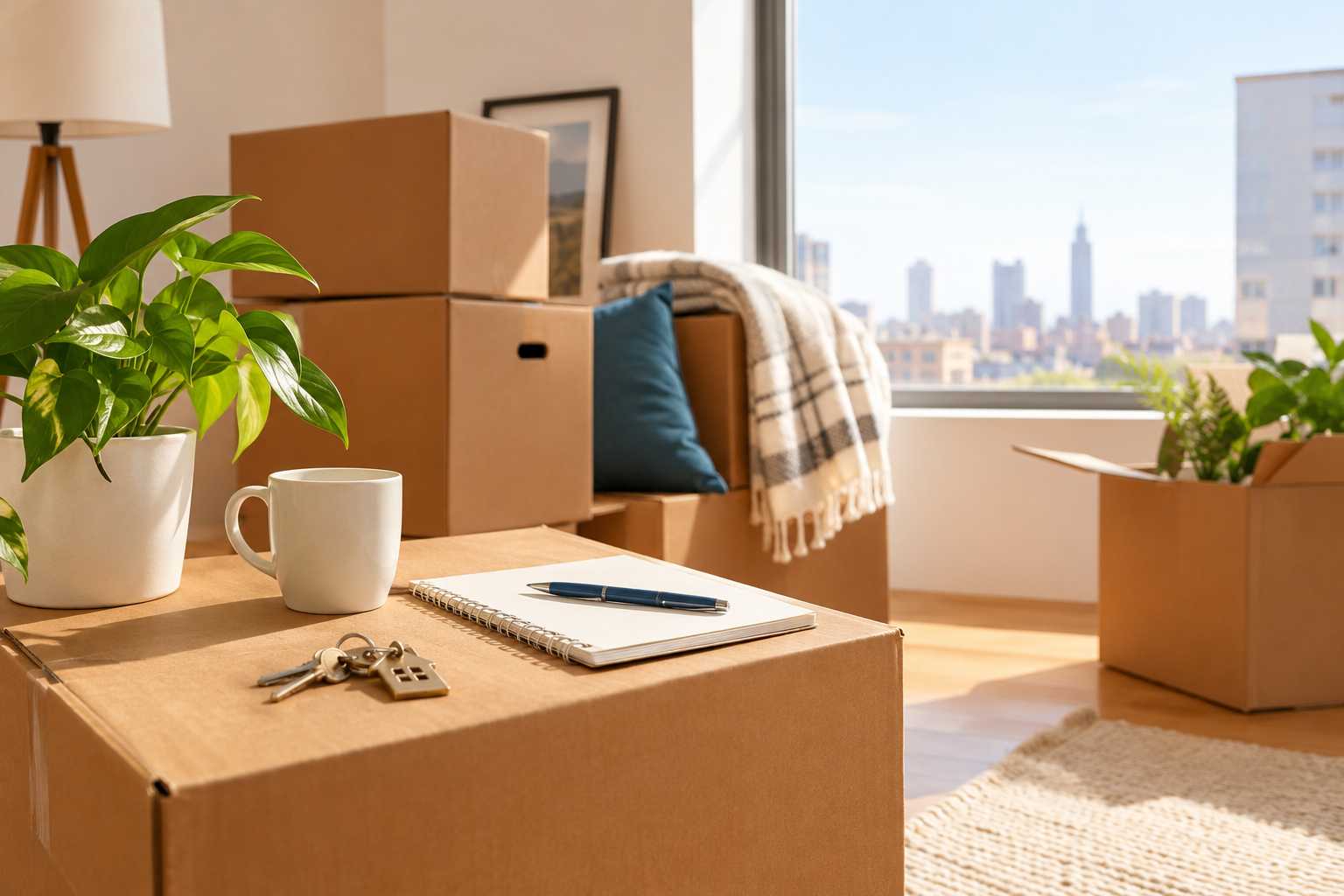 Packed moving boxes, house keys, notebook, and potted plant in a bright apartment during moving day.