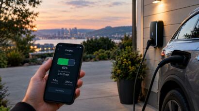 Electric car charging at home while a driver monitors the charging status on a smartphone