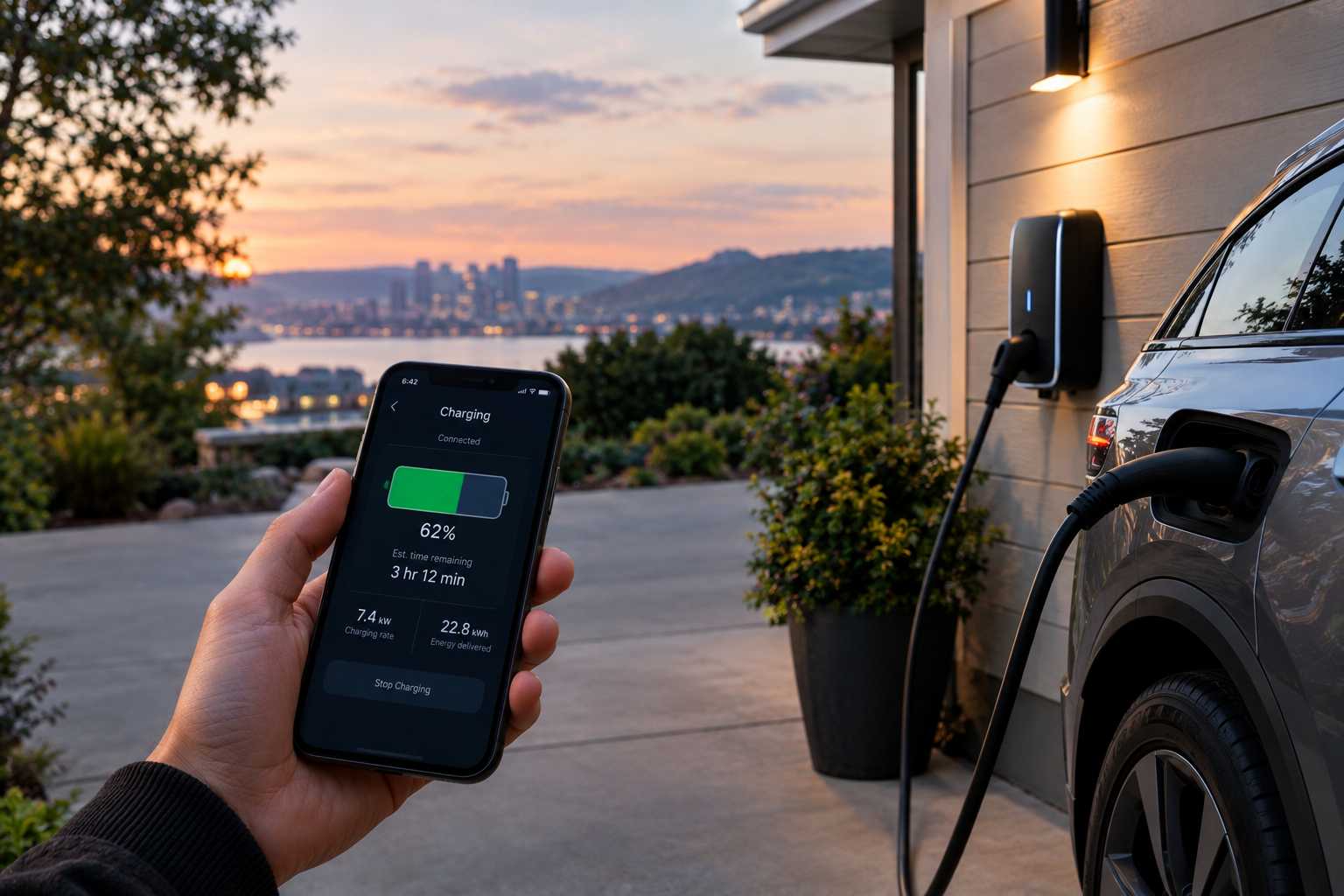 Electric car charging at home while a driver monitors the charging status on a smartphone