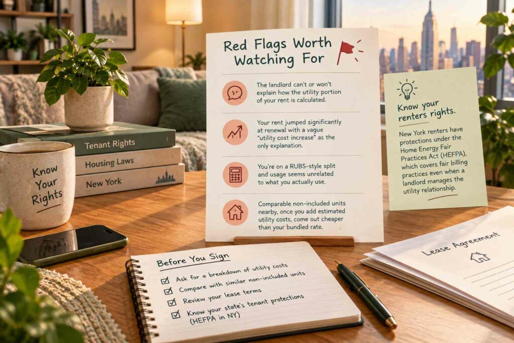 Apartment rental scene highlighting utility billing red flags, lease terms, tenant rights, and checking whether included utilities are fairly priced.
