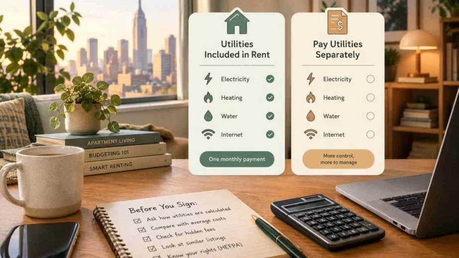 Cozy modern apartment illustrating utilities included in rent versus paying electricity and other utility bills separately.