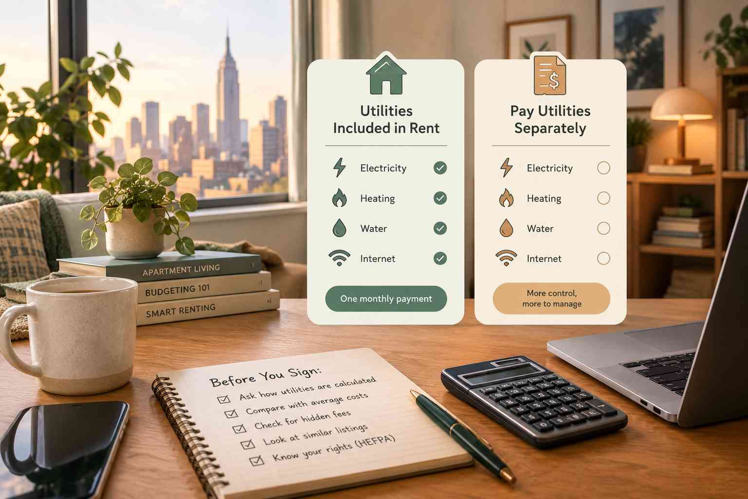 Cozy modern apartment illustrating utilities included in rent versus paying electricity and other utility bills separately.