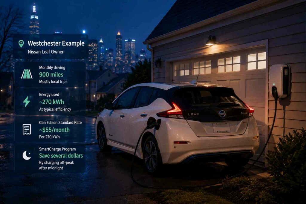Nissan Leaf charging at a Westchester home overnight with a home EV charger