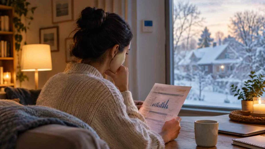 Homeowner reviewing a high electric bill in a cozy home during winter