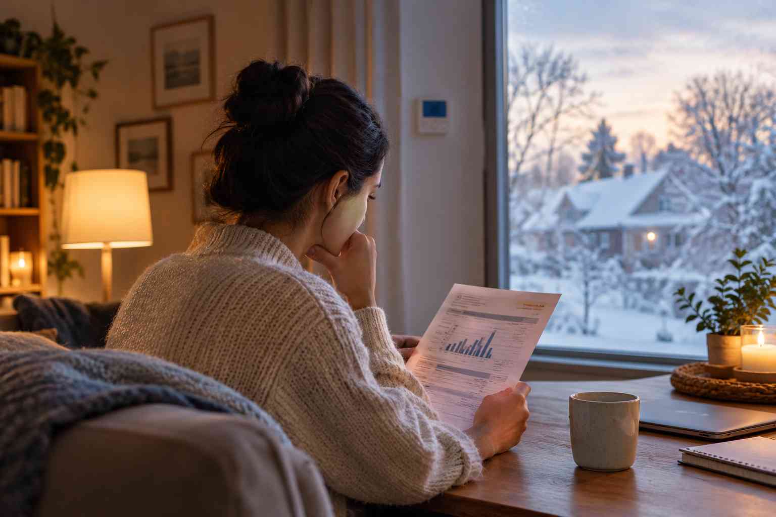Homeowner reviewing a high electric bill in a cozy home during winter