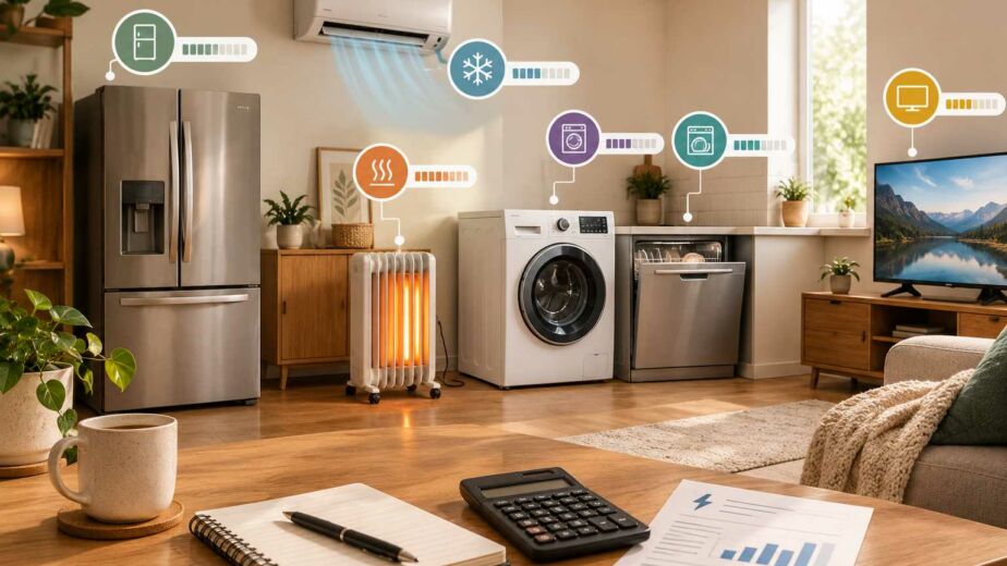 Common household appliances including a refrigerator, air conditioner, space heater, washer, dishwasher, and TV illustrating household electricity usage.