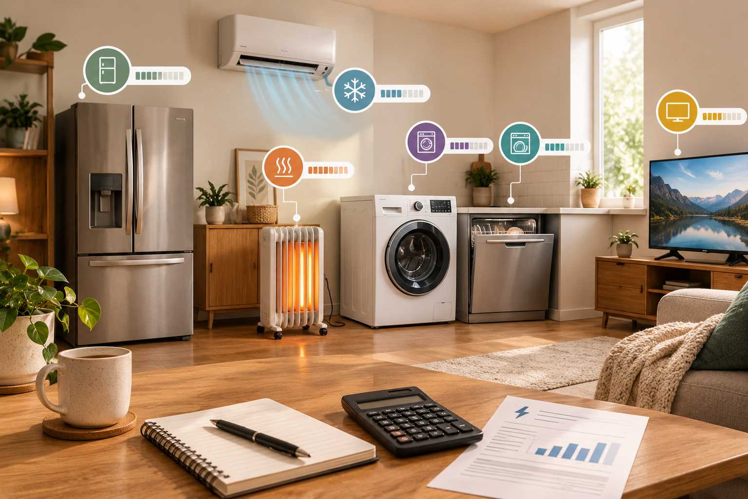 Common household appliances including a refrigerator, air conditioner, space heater, washer, dishwasher, and TV illustrating household electricity usage.