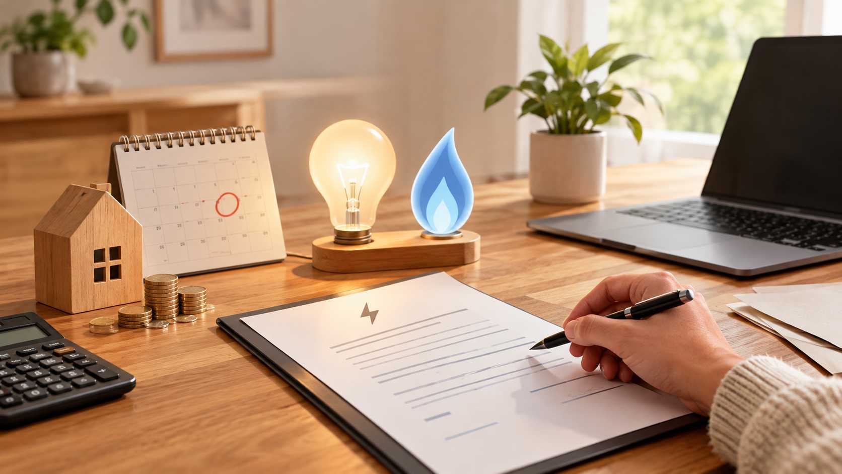 A person reviewing an energy supplier contract at a desk with a calculator, coins, house model, calendar, and electricity and gas symbols.