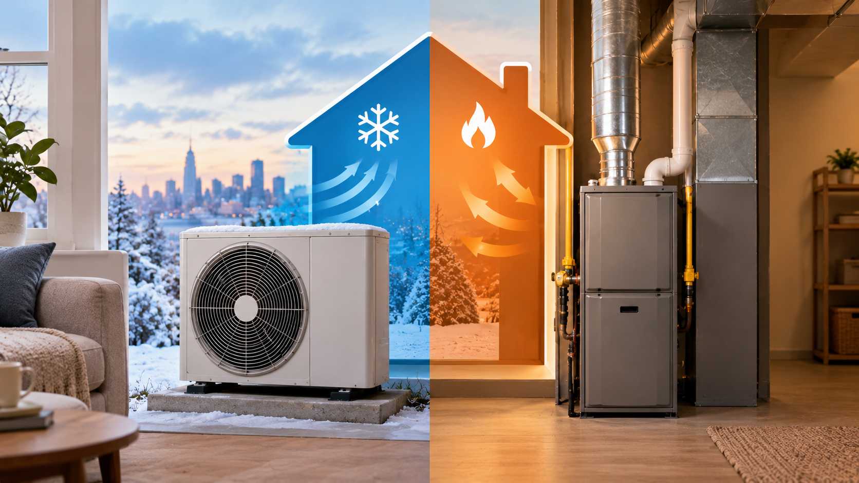 Heat pump vs. gas furnace comparison showing an outdoor air-source heat pump beside a snowy home and a gas furnace with ductwork in a warm utility room.