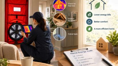 A technician conducting a home energy audit with a blower door fan and thermal imaging tablet, highlighting heat loss, insulation inspection, air leak detection, and energy-saving benefits.