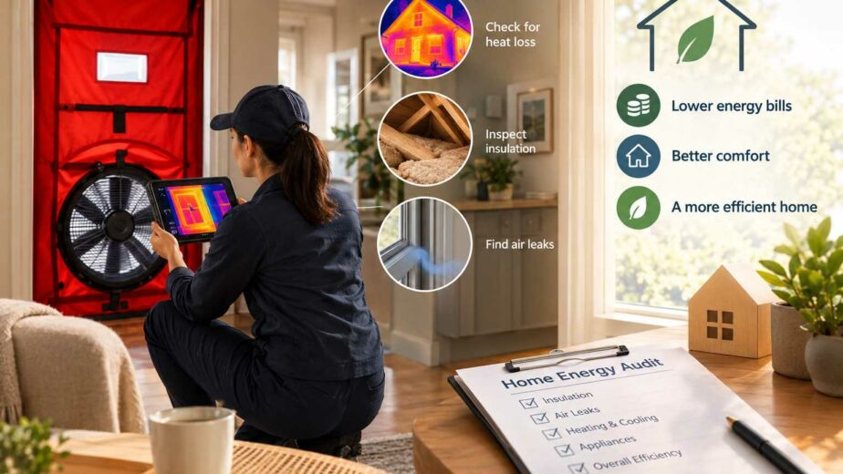 A technician conducting a home energy audit with a blower door fan and thermal imaging tablet, highlighting heat loss, insulation inspection, air leak detection, and energy-saving benefits.