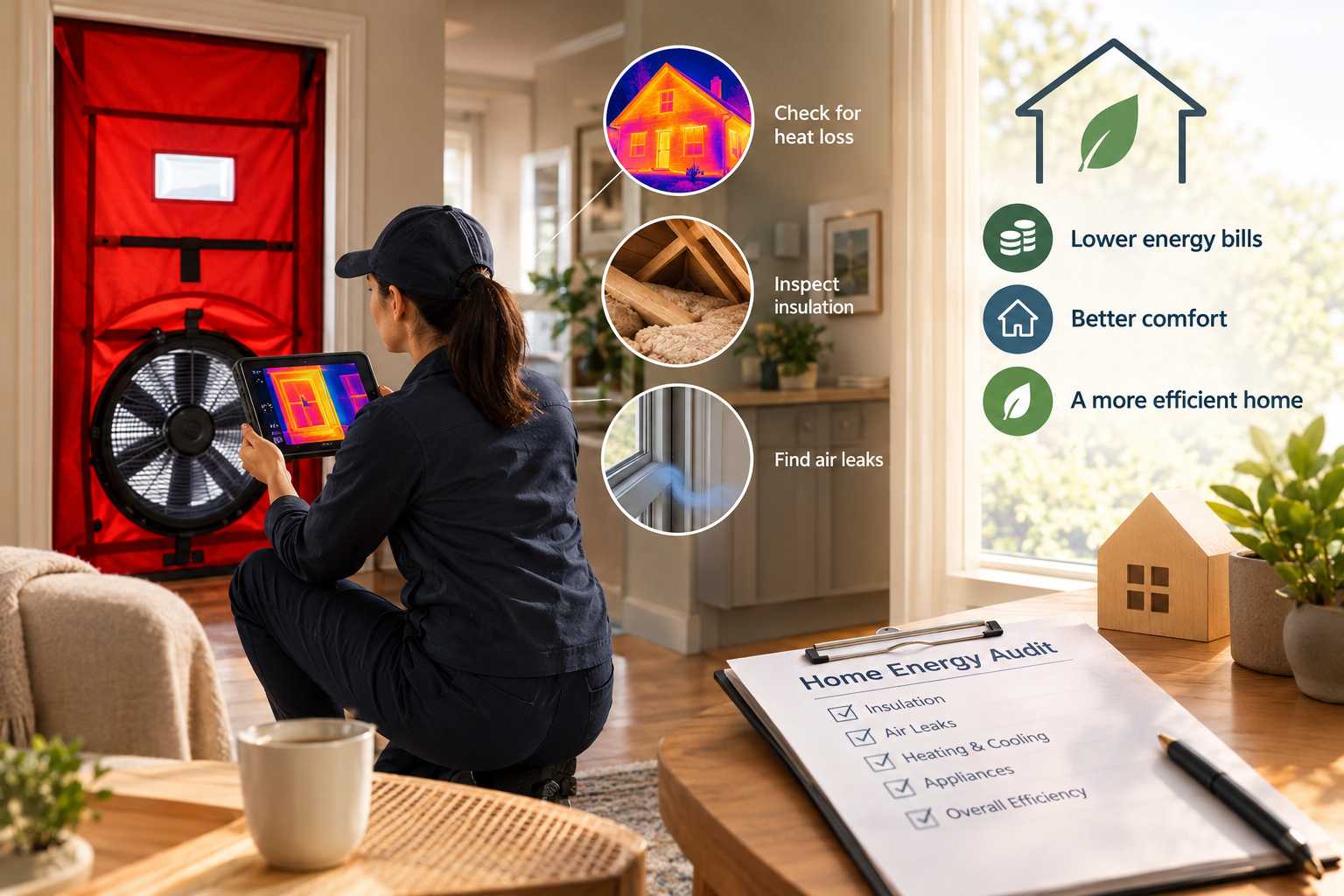 A technician conducting a home energy audit with a blower door fan and thermal imaging tablet, highlighting heat loss, insulation inspection, air leak detection, and energy-saving benefits.