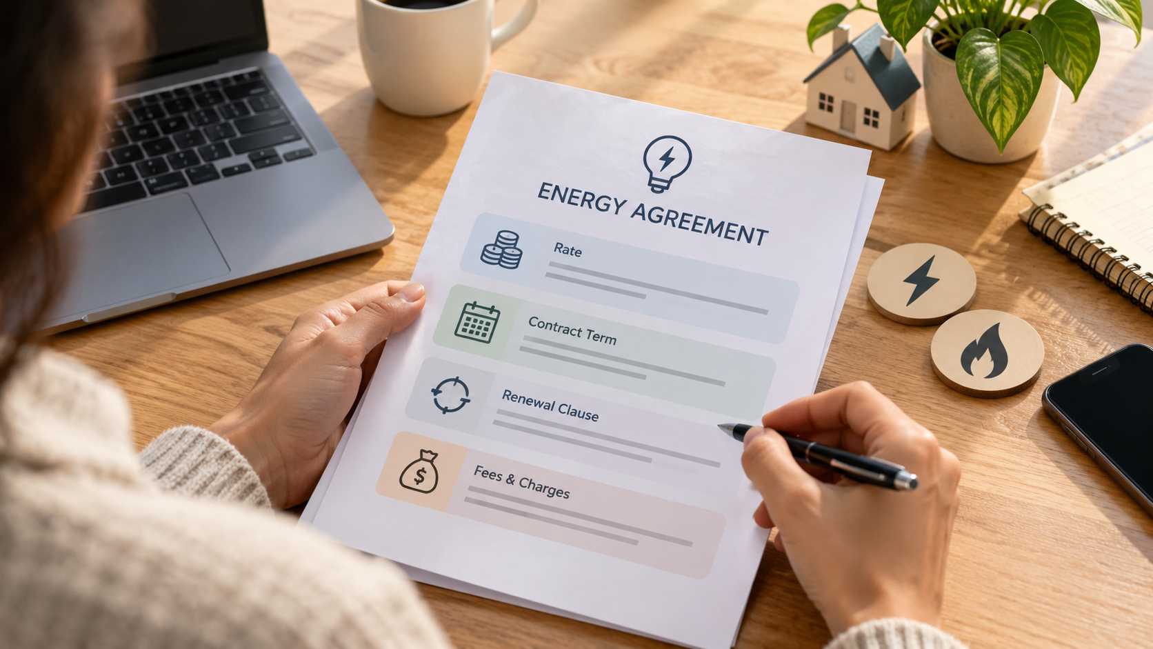 A homeowner reviewing an energy agreement at a desk, checking electricity rates, contract terms, renewal clauses, and fees before signing.