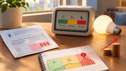 Time-of-use electricity billing display showing off-peak, mid-peak, and on-peak periods alongside a rising energy cost chart and an expensive utility bill.