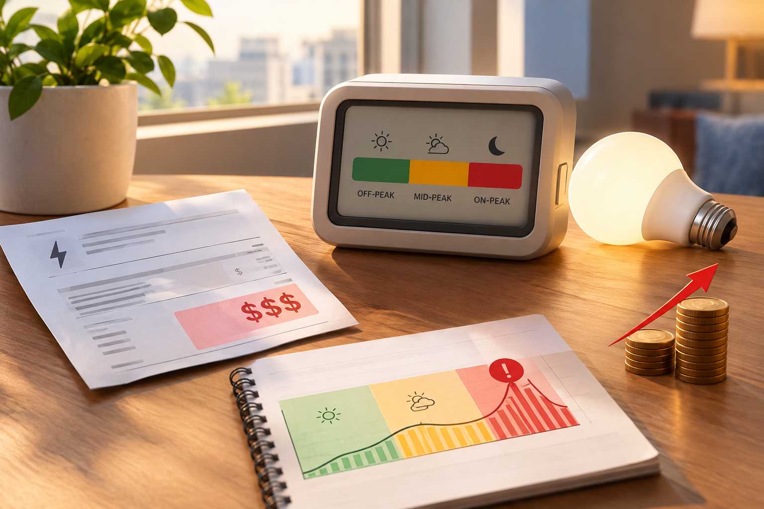 Time-of-use electricity billing display showing off-peak, mid-peak, and on-peak periods alongside a rising energy cost chart and an expensive utility bill.