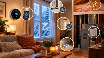 Cozy winter living room showing energy-saving features including a smart thermostat, insulated attic, sealed window, curtains, furnace filter, and heating vent