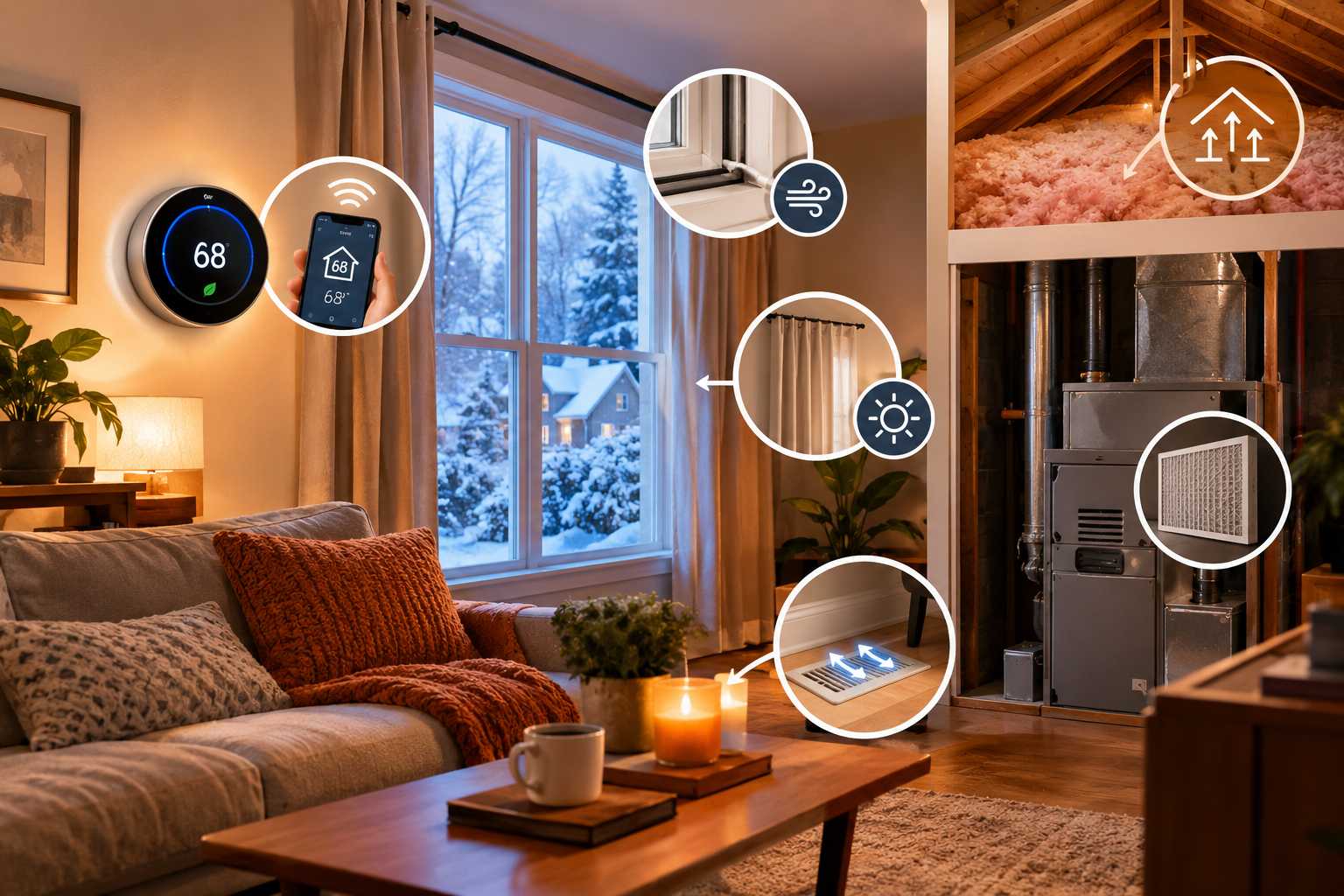 Cozy winter living room showing energy-saving features including a smart thermostat, insulated attic, sealed window, curtains, furnace filter, and heating vent